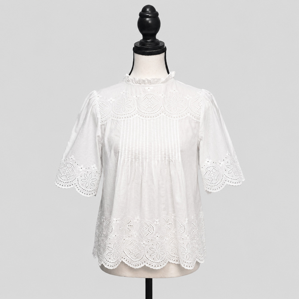 Madewell Embroidered Pintuck High-Neck Top Womens Size XXS White 100% Cotton NWT